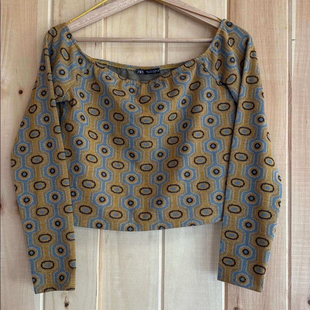 Zara Geometric Art Deco Jacquard Off-Shoulder Crop Top - Mid Century Style
